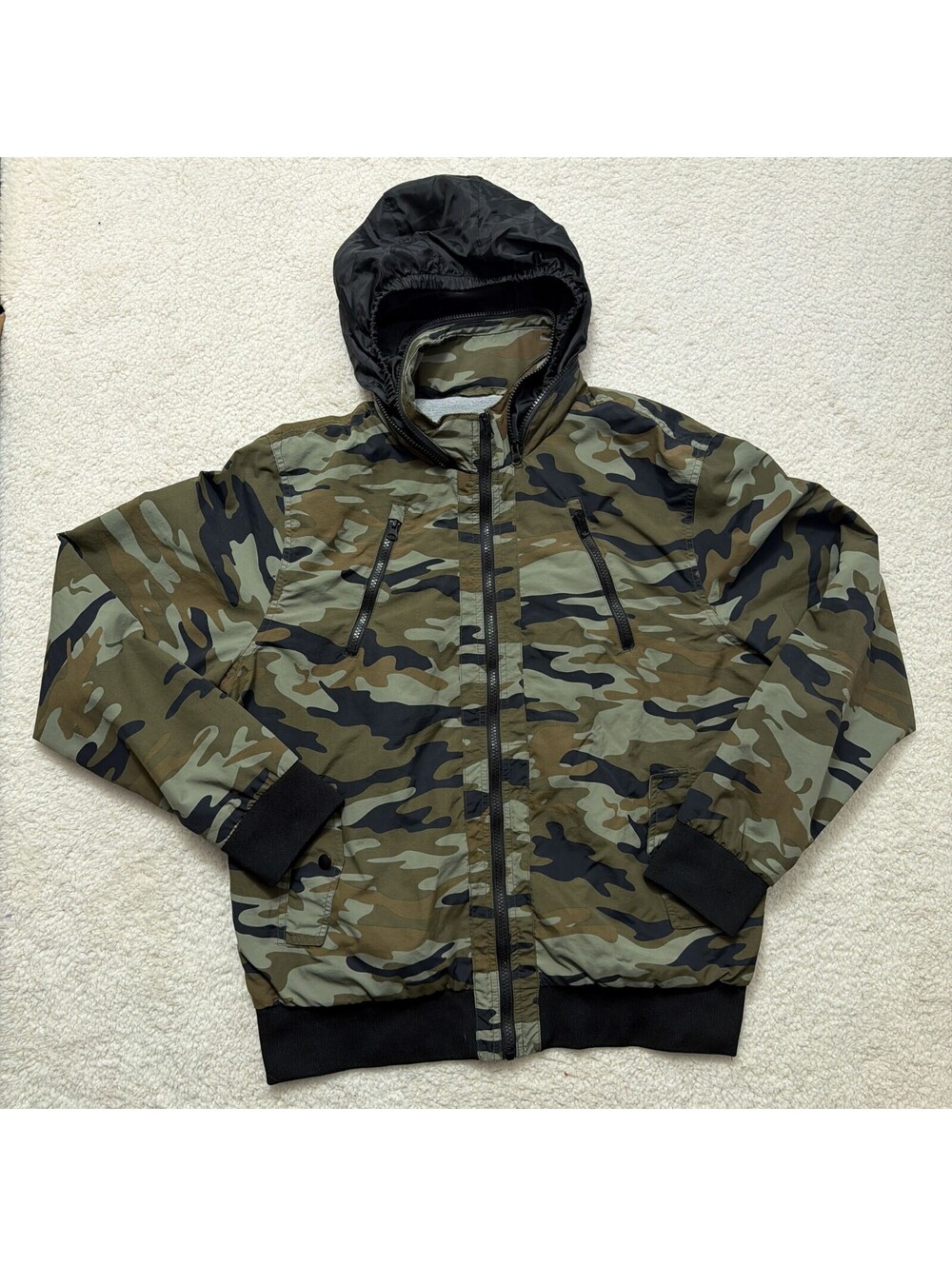 Simply Styled Mens L Camo Camouflage Nylon Hooded Bomber Jacket Full Zip